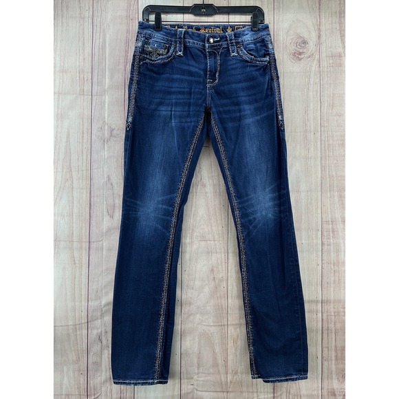 Rock Revival Elenna Straight Leg Embellished Packets Denim Jeans‎ Sz 27 Low Rise - Picture 3 of 10